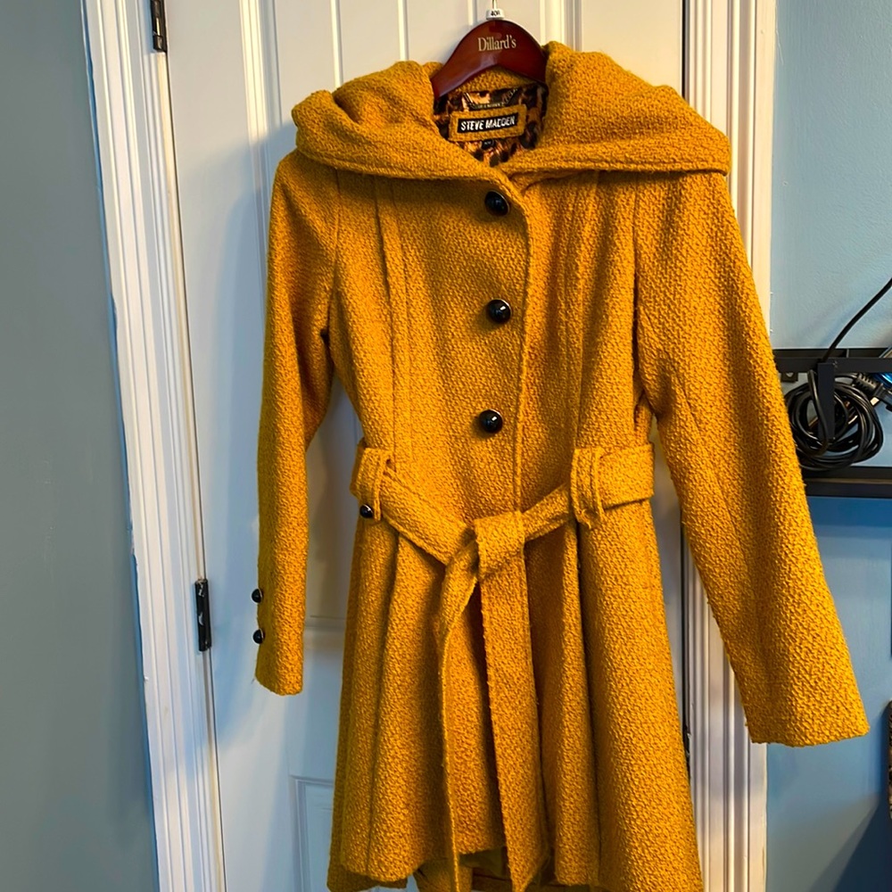 Steve Madden Medium Women's Yellow Belted Hooded Skirted Coat